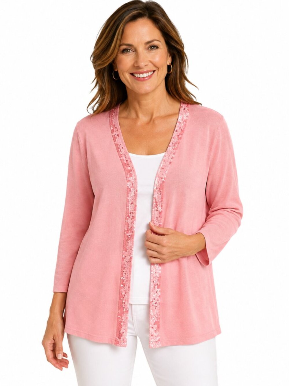 2/$30 Talbots Pink Sequin V Neck Long Sleeve Top Sz M